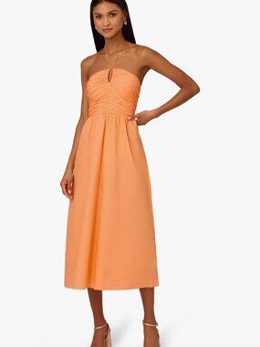NWT Adrianna Papell 14 Apricot Sorbet Halter Shirred Midi Dress Orange